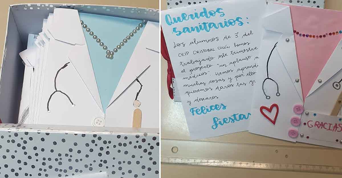 Alumnos del colegio Cristóbal Colón felicitan al personal del hospital de El Puerto