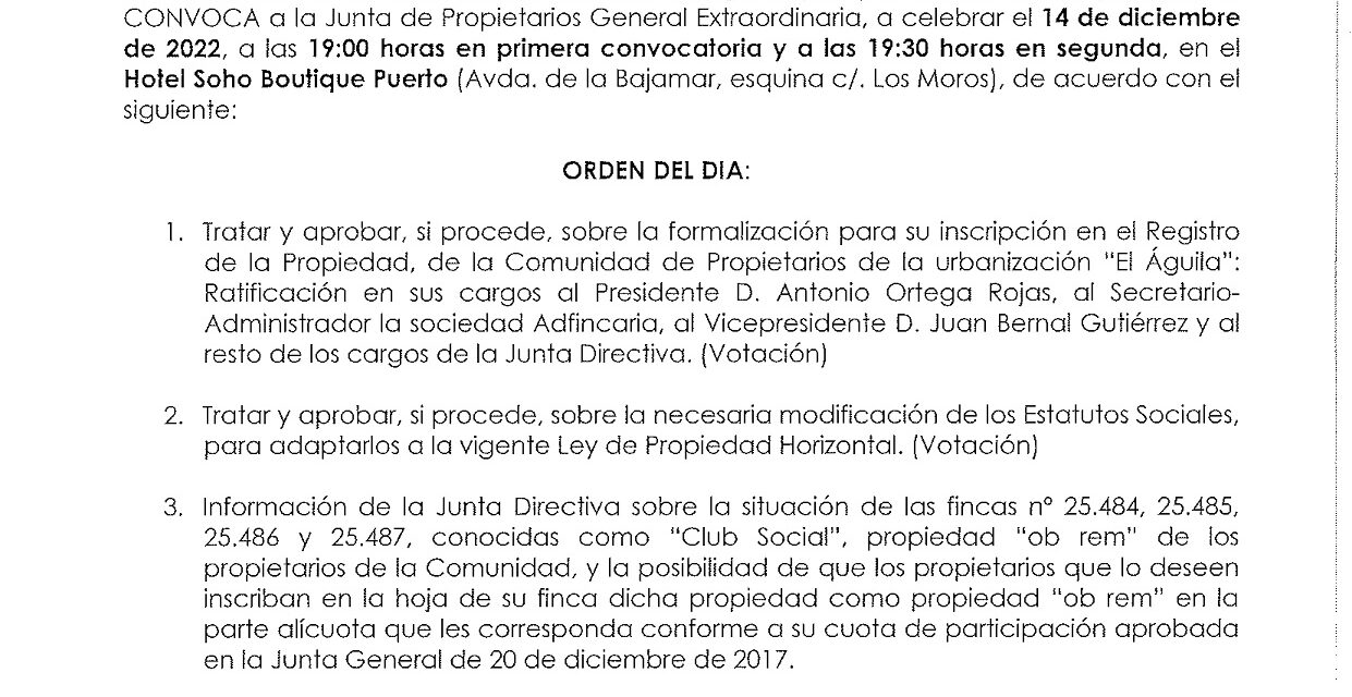 Junta de Propietarios General Extraordinaria, 14 de diciembre de 2022, a las 19.00 horas