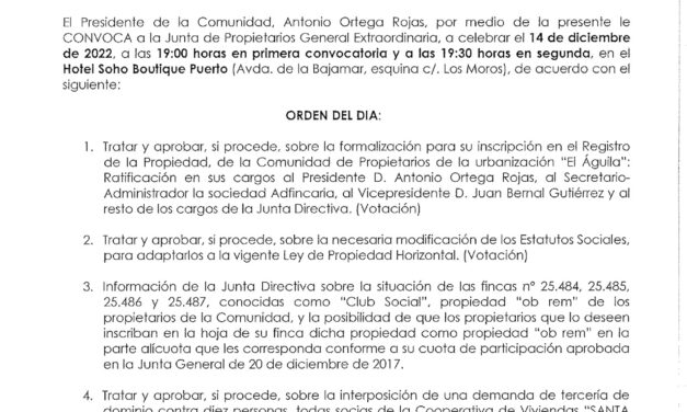 Junta de Propietarios General Extraordinaria, 14 de diciembre de 2022, a las 19.00 horas
