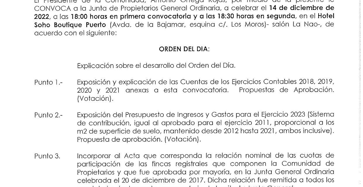 Junta de Propietarios General Ordinaria, 14 de diciembre de 2022, a las 18.00 horas