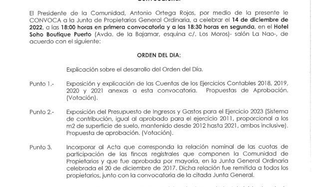 Junta de Propietarios General Ordinaria, 14 de diciembre de 2022, a las 18.00 horas